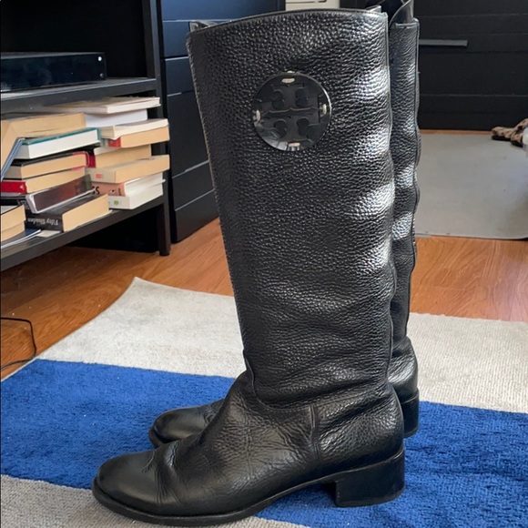 Tory Burch | Shoes | Tory Burch Black Leather Logo Riding Boots Size 8 |  Poshmark